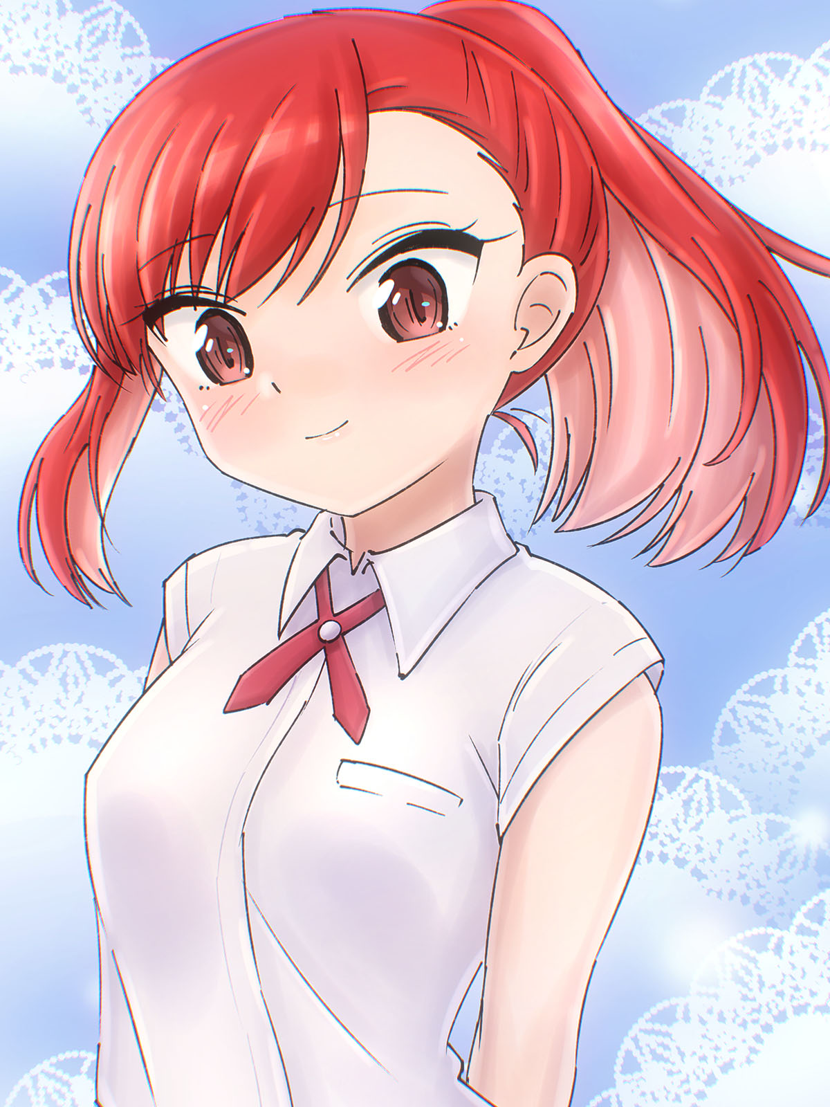 1girl, blue_background, blush, brown_eyes, highres, long_hair, oekaki_lemon, red_hair