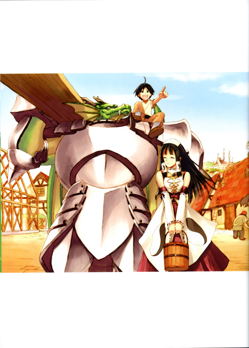 ahoge, armor, black_hair, bucket, carrying, closed_eyes, detached_sleeves, dragon