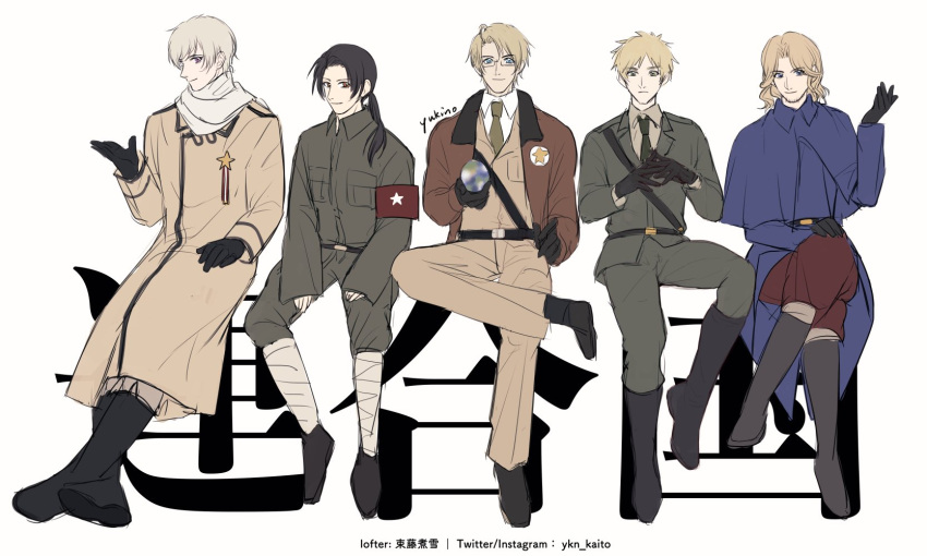 5boys, ahoge, america_(hetalia), armband, artist_name, axis_powers_hetalia, baggy_pants, bandaged_leg, bandages, belt, black-framed_eyewear, black_belt, black_boots, black_gloves, black_hair, black_shoes, blonde_hair, blue_capelet, blue_eyes, blue_jacket, boots, breast_pocket, brown_eyes, brown_jacket, capelet, china_(hetalia), closed_mouth, coat, collared_capelet, collared_coat, collared_jacket, collared_shirt, crossed_legs, earth_(ornament), facial_hair, france_(hetalia), full_body, fur-trimmed_jacket, fur_trim, glasses, gloves, green_eyes, green_jacket, green_necktie, green_pants, hair_between_eyes, hand_on_own_hip, hand_on_own_knee, hand_up, highres, holding, jacket, long_hair, long_sleeves, looking_at_viewer, low_ponytail, male_focus, medal, military, military_jacket, military_uniform, multiple_boys, necktie, open_clothes, open_jacket, own_hands_together, pants, pocket, ponytail, red_armband, red_pants, russia_(hetalia), scarf, semi-rimless_eyewear, shirt, shoes, short_hair, sidelocks, sitting, smile, star_(symbol), star_ornament, star_print, text_background, united_kingdom_(hetalia), violet_eyes, white_background, white_hair, white_scarf, white_shirt, wide_sleeves, xueye_(haitu_s), yellow_coat, yellow_jacket, yellow_pants