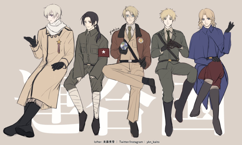 5boys, ahoge, america_(hetalia), armband, artist_name, axis_powers_hetalia, baggy_pants, bandaged_leg