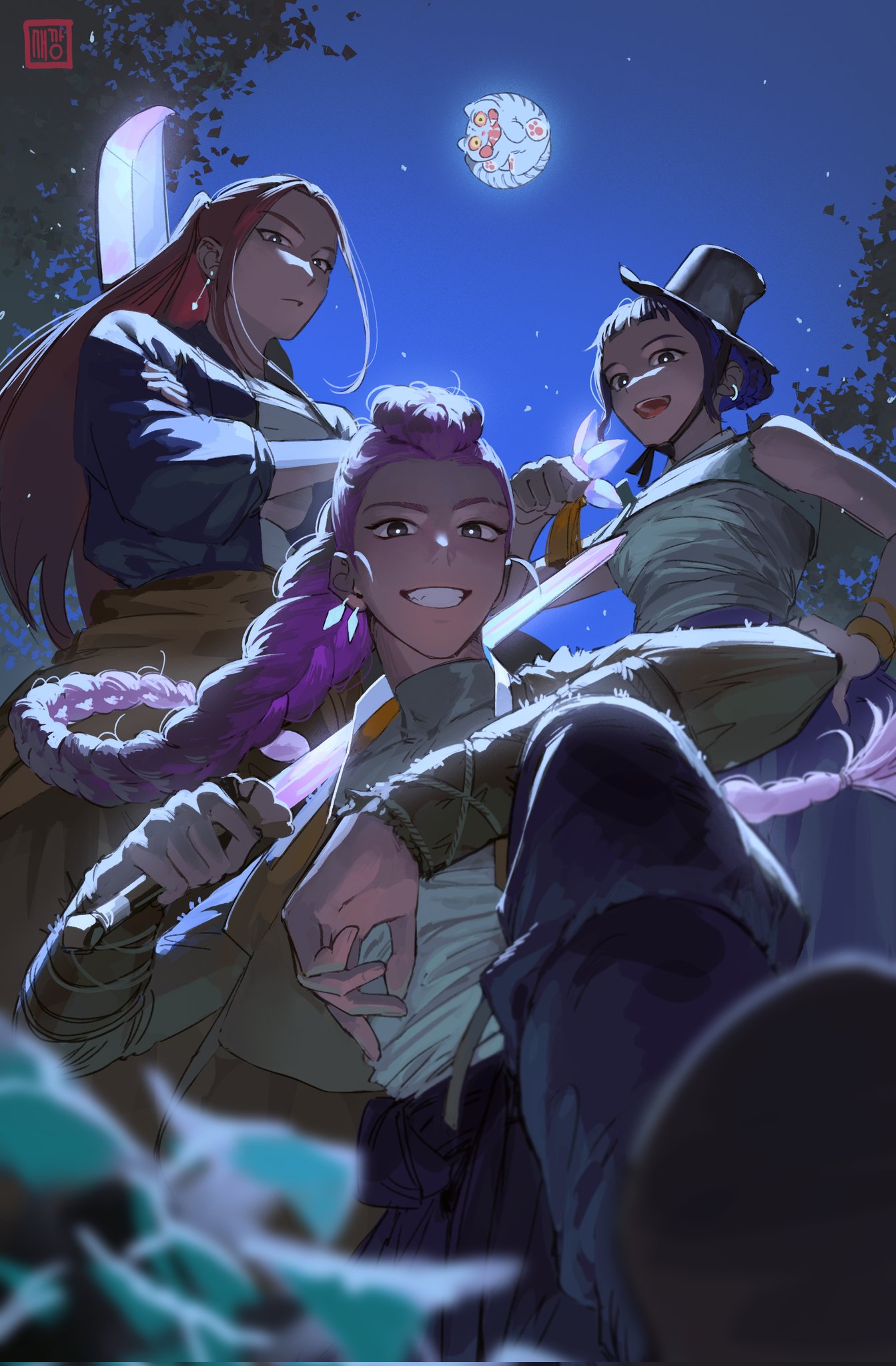 3girls, black_hair, braid, braided_ponytail, commentary, crossed_arms, derpy_(kpop_demon_hunters), earrings