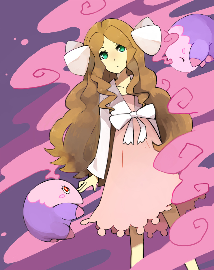 1girl, absurdres, blush, blush_stickers, bow, bright_pupils, brown_hair, caitlin_(pokemon), closed_eyes, closed_mouth, commentary, dress, eyelashes, gas, green_hair, hair_bow, highres, long_hair, long_sleeves, musharna, pink_dress, pokemon, pokemon_(creature), pokemon_dppt, pokemon_platinum, purple_background, red_eyes, sanigo, standing, white_bow, white_pupils