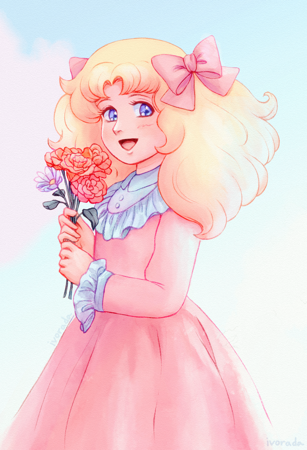 1girl, :d, blonde_hair, blue_eyes, bow, candice_white_ardlay, candy_candy_(series), dress