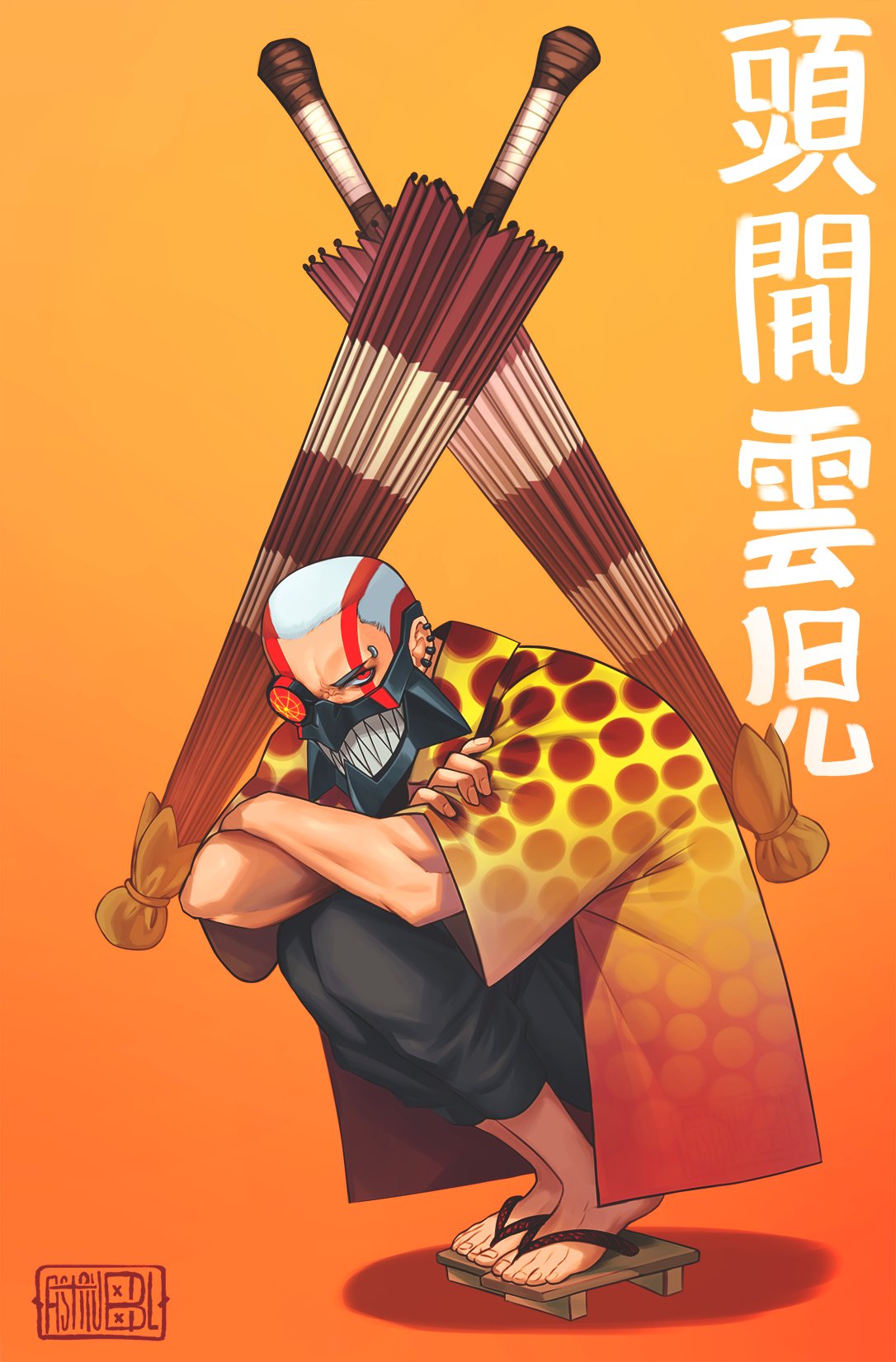 1boy, astrubalart, black_pants, crossed_arms, dandadan, ear_piercing, earrings, english_commentary, facial_mark, from_side, full_body, gradient_background, highres, jewelry, looking_at_viewer, male_focus, mask, mouth_mask, orange_background, pants, pants_rolled_up, piercing, red_eyes, sandals, shirt, short_hair, short_sleeves, signature, solo, squatting, transformation, translation_request, umbrella, unji_zuma, very_short_hair, white_hair, yellow_background, yellow_shirt