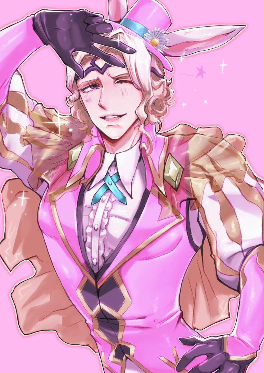 1boy, absurdres, alternate_costume, animal_ears, blonde_hair, easter, fire_emblem, fire_emblem_fates, fire_emblem_heroes, highres, mothman1930, official_alternate_costume, open_mouth, pink_vest, rabbit_ears, red_eyes, vest, xander_(fire_emblem), xander_(spring_prince)_(fire_emblem)
