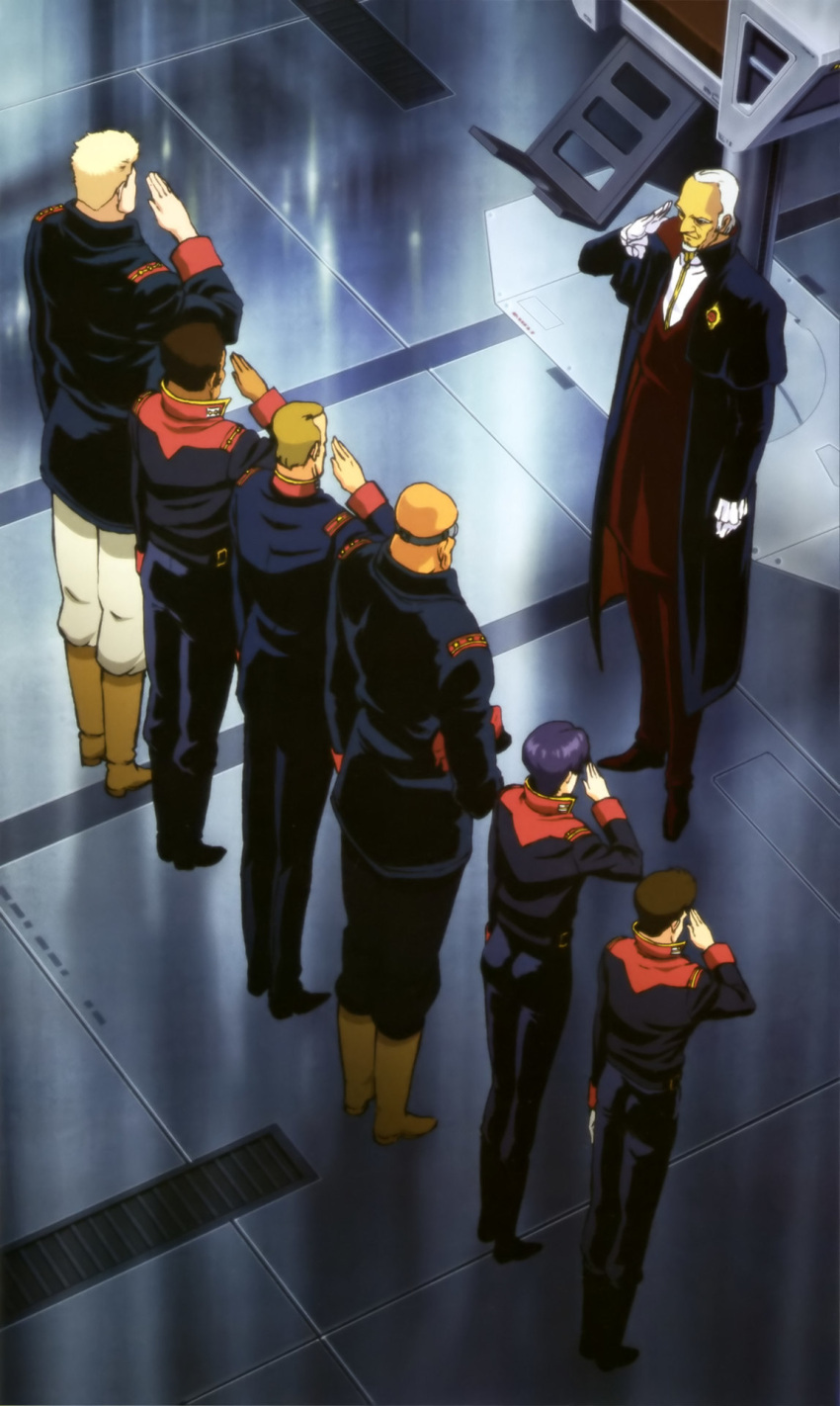 1girl, 6+boys, artist_request, bald, bask_om, goggles, gundam, gundam_perfect_file, highres, jamaican_daningan, jamitov_hymen, military_uniform, multiple_boys, official_art, old, salute, scan, scene_reference, science_fiction, titans_(gundam), traditional_media, zeta_gundam