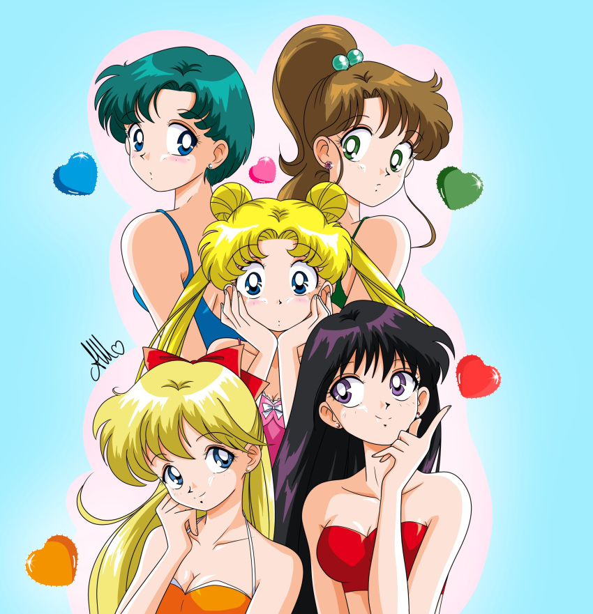 5girls, aino_minako, anello81, bikini, bishoujo_senshi_sailor_moon, black_hair, blonde_hair, blue_bikini, blue_hair, brown_hair, collarbone, double_bun, earrings, flower_earrings, green_bikini, hair_bun, hands_on_own_face, heart, highres, hino_rei, jewelry, kino_makoto, looking_at_another, looking_at_viewer, mizuno_ami, multiple_girls, orange_bikini, parted_bangs, pink_bikini, red_bikini, smile, stud_earrings, swept_bangs, swimsuit, tsukino_usagi, violet_eyes
