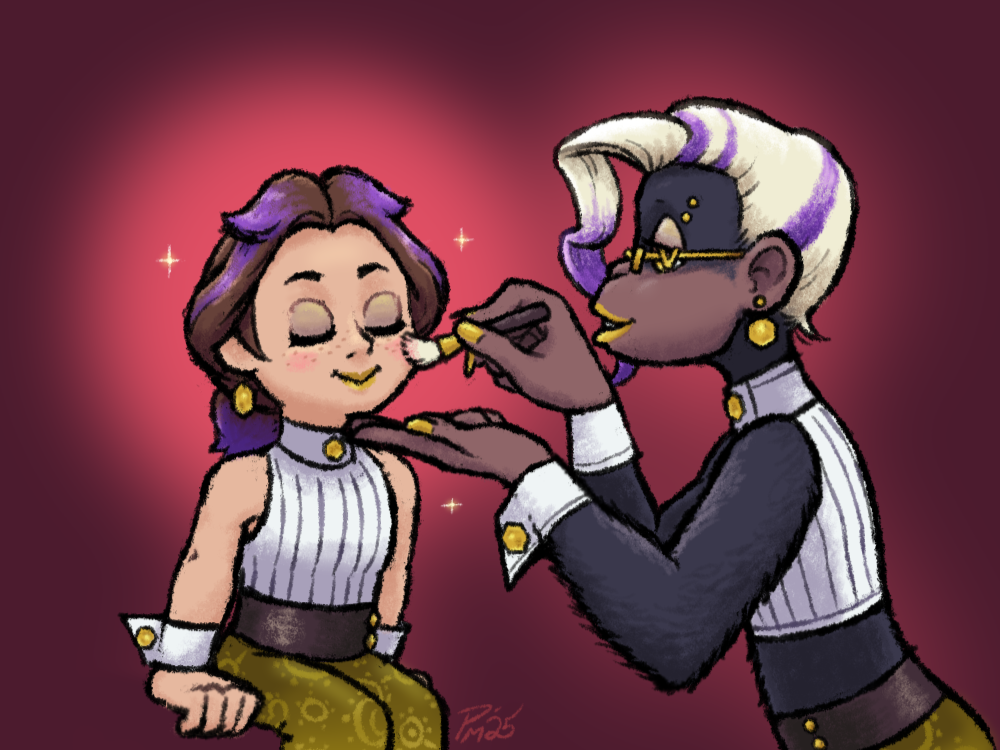 2girls, applying_another's_makeup, applying_makeup, brown_hair, closed_eyes, cosplay, donkey_kong_(series), donkey_kong_bananza