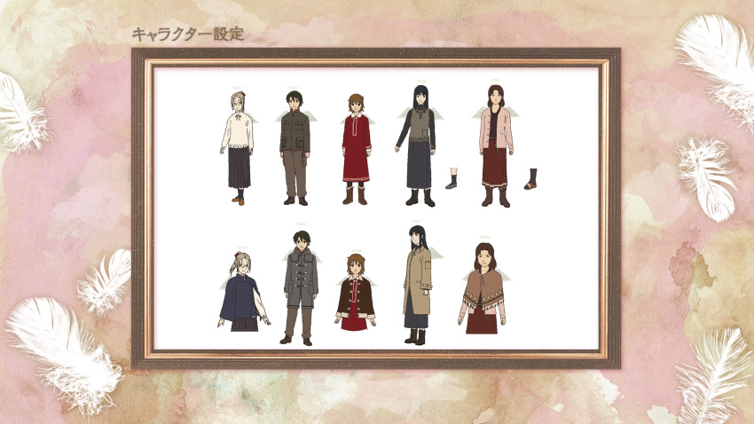 5girls, angel, ankle_boots, artist_request, black_boots, black_hair, black_shirt, black_socks