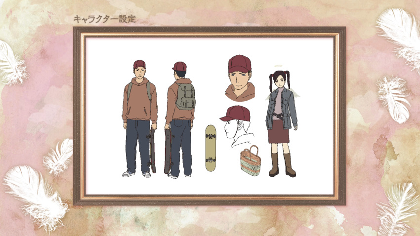 1boy, 1girl, angel, ankle_boots, artist_request, asymmetrical_bangs, backpack, bag