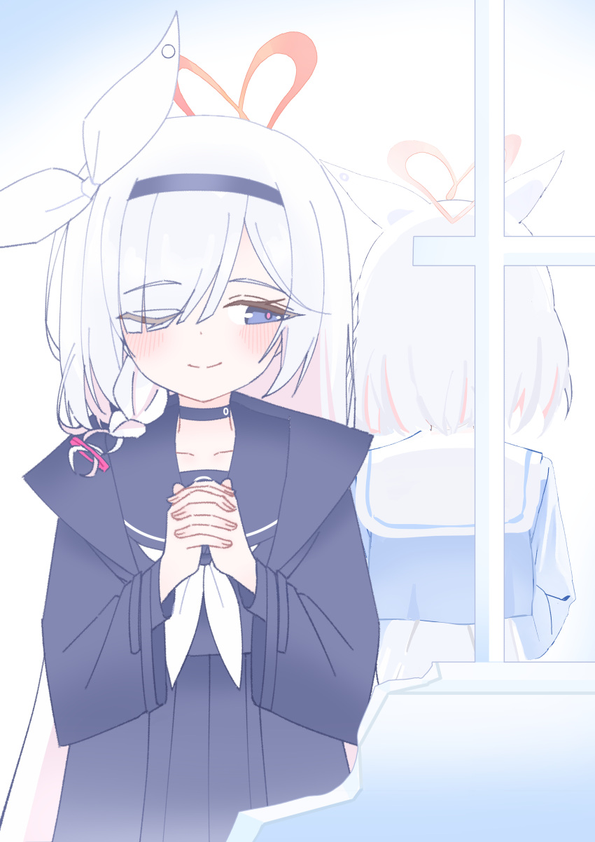 2girls, absurdres, arona_(blue_archive), black_choker, black_coat, black_eyes, black_hairband, black_sailor_collar