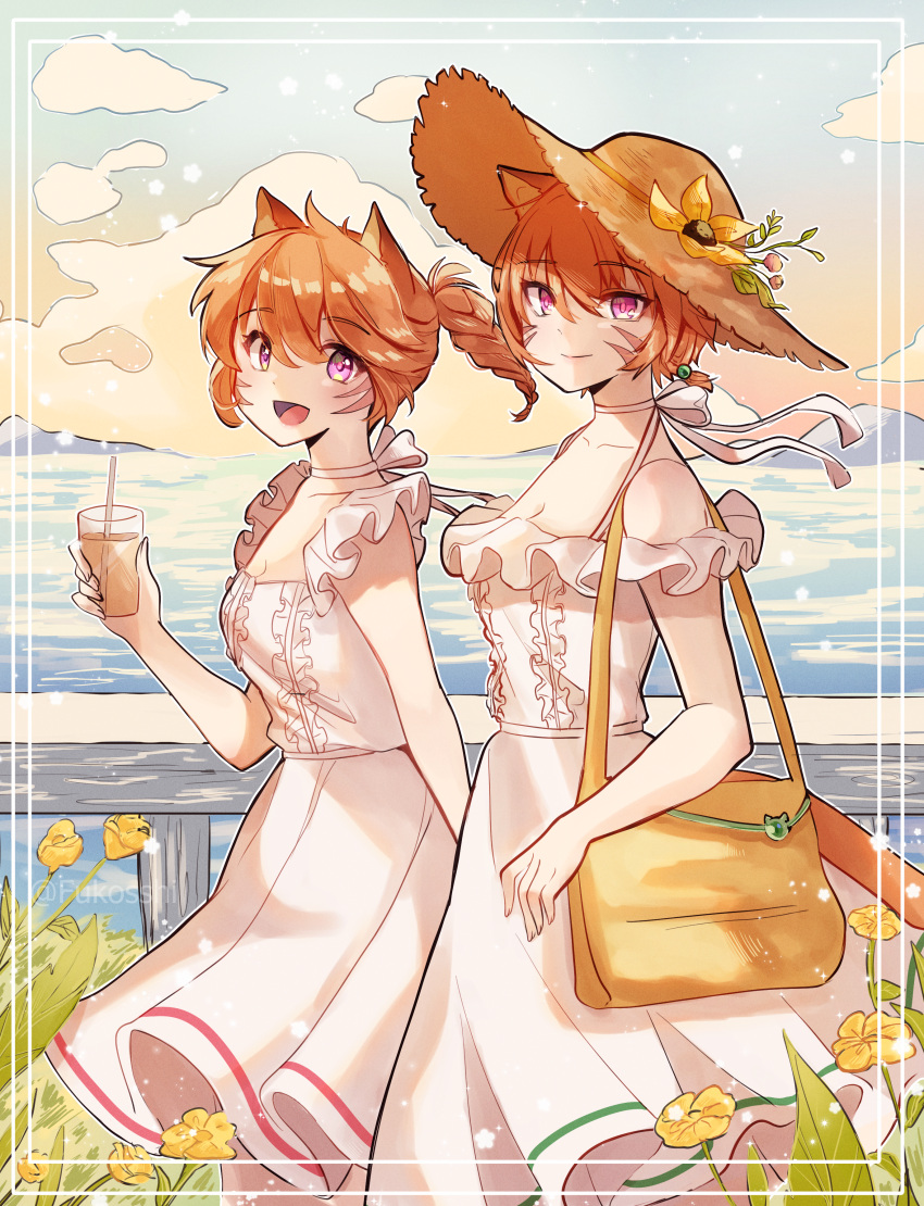 2girls, absurdres, animal_ears, bag, bare_shoulders, braid, cat_charm, cat_ears