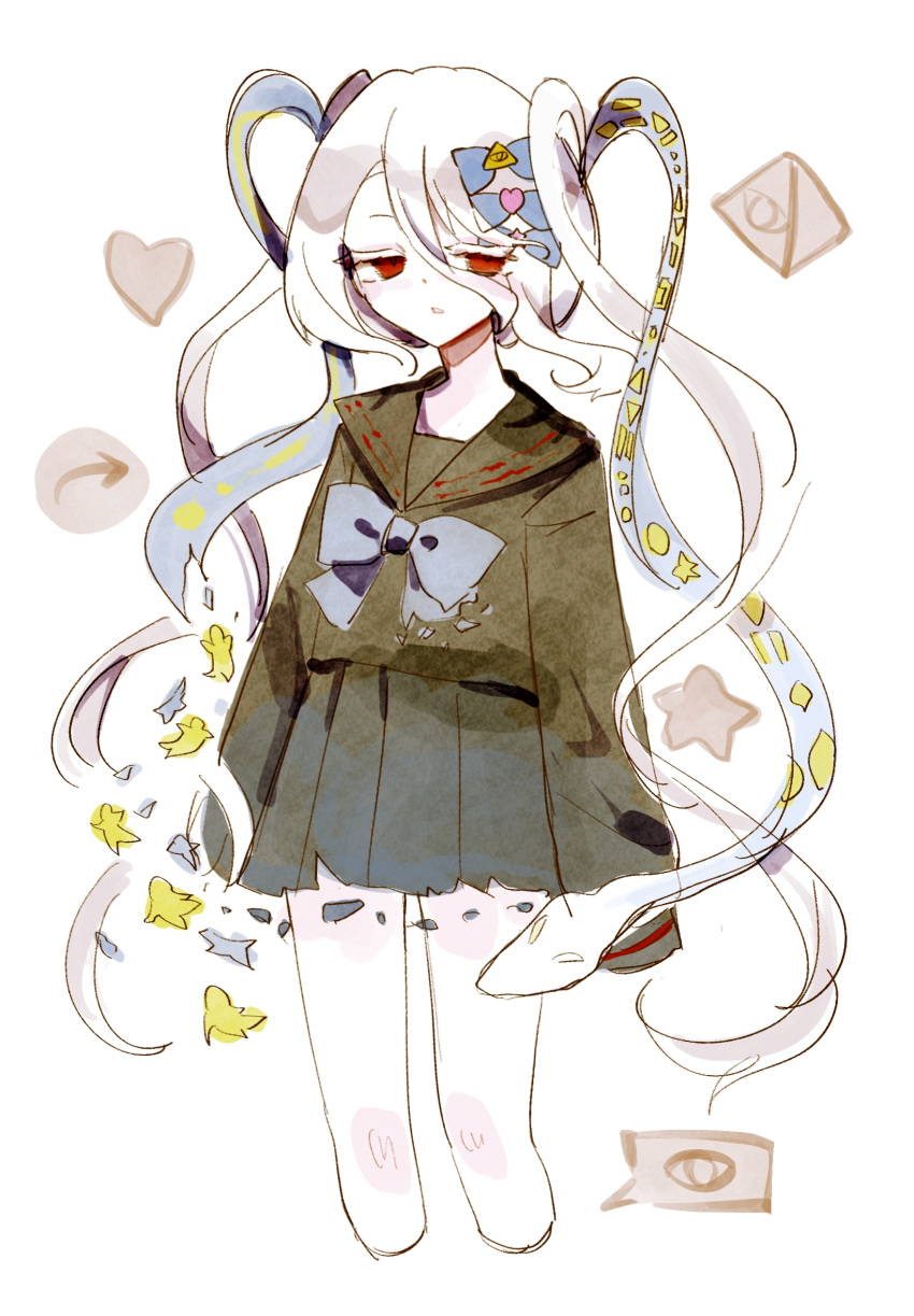1girl, alternate_hairstyle, brown_serafuku, chouzetsusaikawa_tenshi-chan, chouzetsusaikawa_tenshi-chan_(cosplay), colored_eyelashes, colored_skin, commentary, cosplay, eye_of_providence, fossilized_wonders, hair_ornament, heart, heart_hair_ornament, highres, imu_croissant, jitome, multiple_hair_clips, needy_girl_overdose, no_feet, quad_tails, reblog_icon, red_eyes, school_uniform, serafuku, snake, star_(symbol), star_hair_ornament, touhou, triangle_hair_ornament, twintails, white_hair, white_skin, yuiman_asama