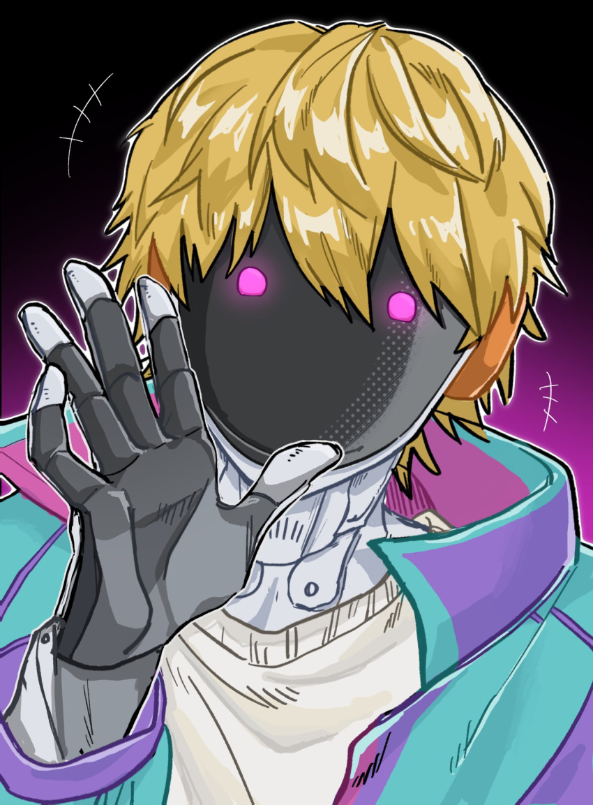 1boy, blonde_hair, cyborg, gradient_background, highres, jacket, kise_(zunazuna_z), looking_at_viewer