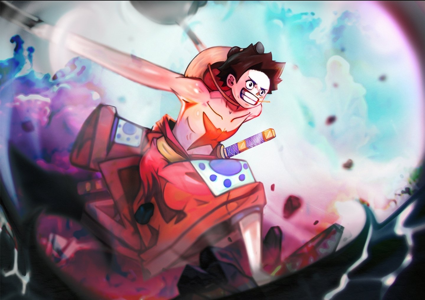 1boy, black_hair, chonmage, clenched_teeth, commentary, english_commentary, geta, haki_(one_piece)