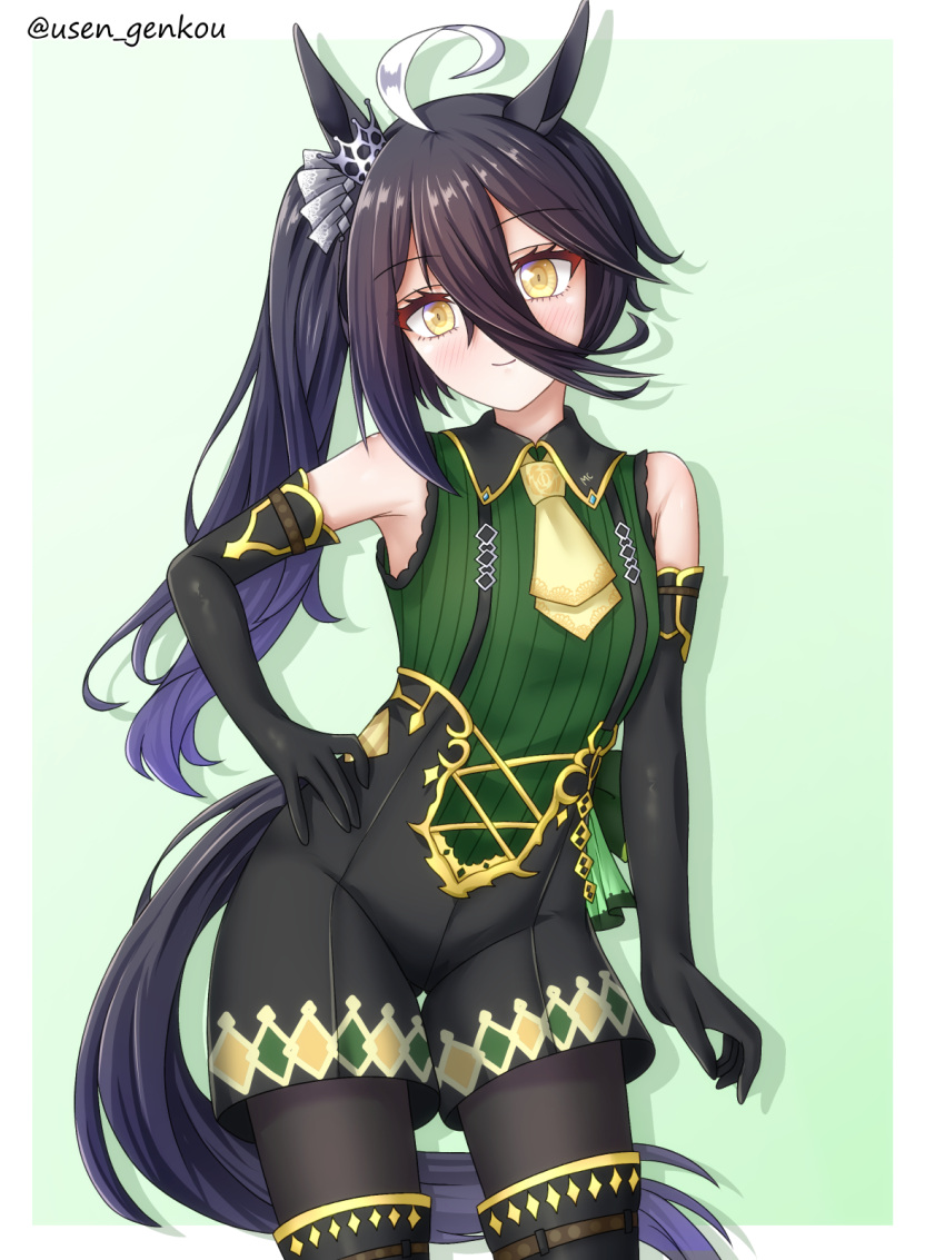 1girl, ahoge, animal_ears, black_gloves, black_hair, black_pantyhose, black_shorts, closed_mouth