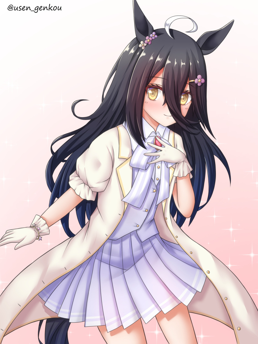 1girl, ahoge, animal_ears, black_hair, closed_mouth, coat, cosplay, gem