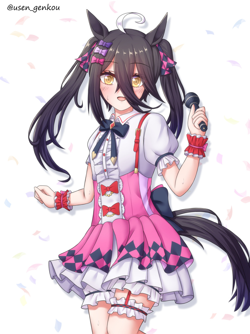 1girl, ahoge, animal_ears, black_hair, black_ribbon, bow, collarbone, commentary_request