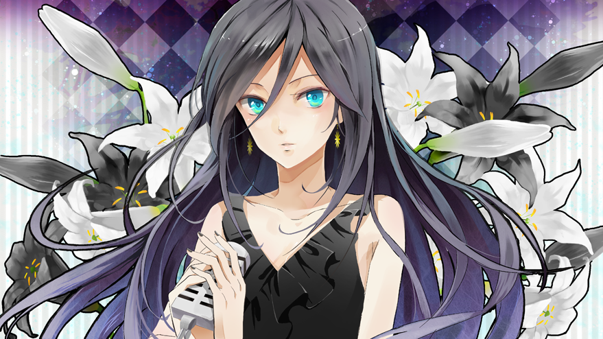 bad_id, bangs, bare_shoulders, black_dress, black_hair, blue_eyes, dress, earrings, fingernails, flower, jewelry, koromono, lilies, lily_(vocaloid), lips, lipstick, long_hair, makeup, microphone, nail_polish, solo, vocaloid