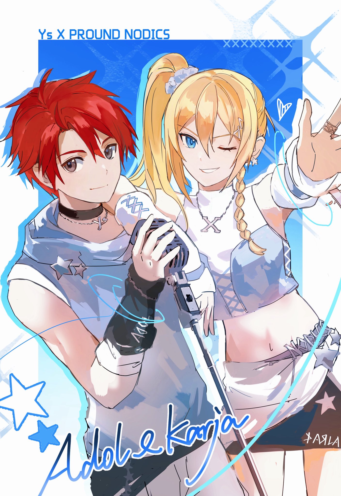 1boy, 1girl, adol_christin, ahoge, amano_toshi, black_choker, blonde_hair, blue_background