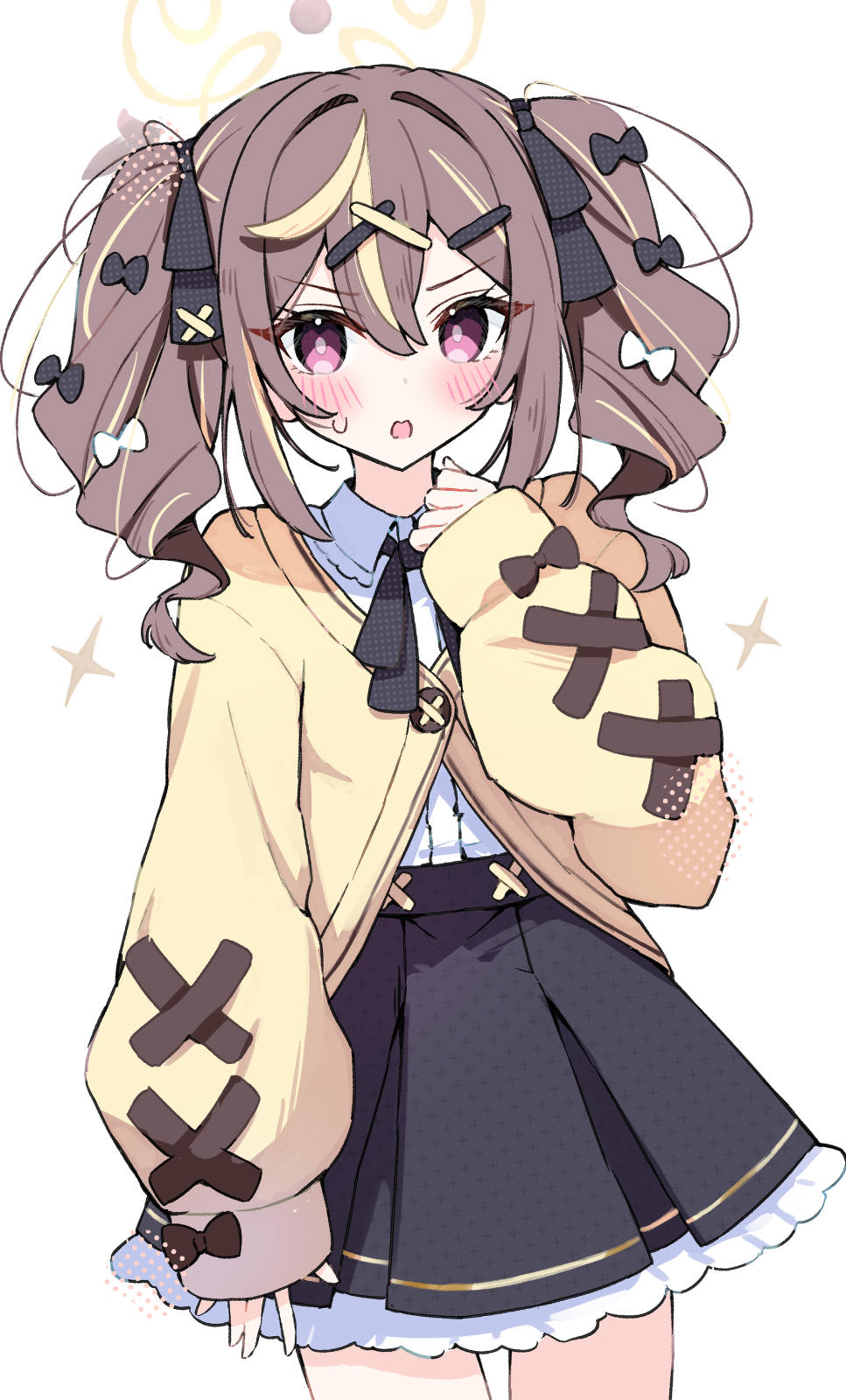 1girl, black_skirt, blue_archive, blush, bow, bright_pupils, drill_hair, frilled_skirt