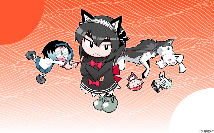 2006, 2girls, :<, animal_collar, animal_ear_fluff, animal_ears, anime_coloring, ankle_socks