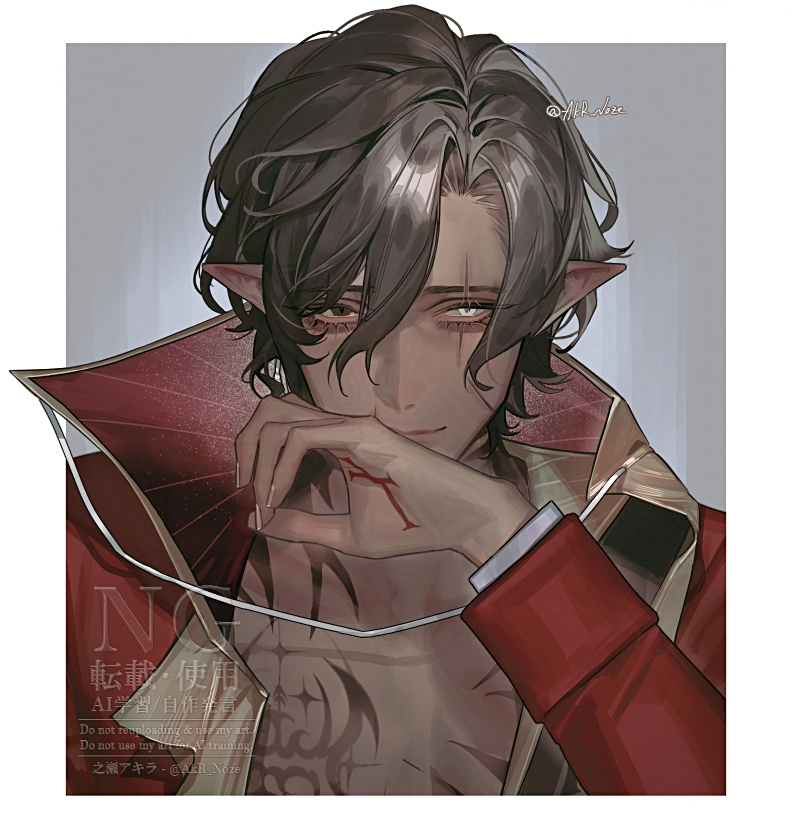 1boy, akr_noze, black_hair, brown_eyes, closed_mouth, commission, english_text, hand_up