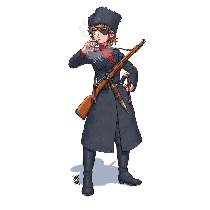 1girl, bolt_action, cigarette, cossack, eyepatch, fur_hat, gun, hat