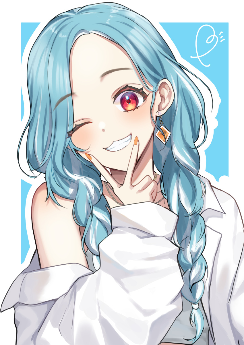 1girl, :3, absurdres, blue_hair, border, braid, earrings, grin