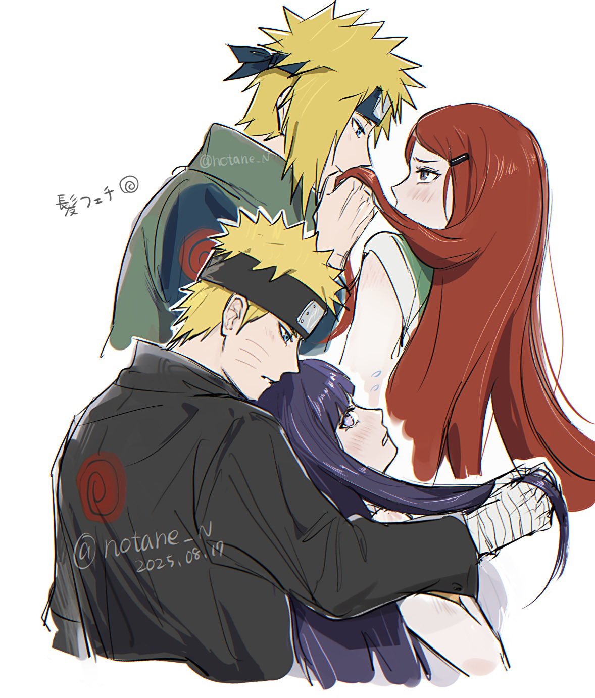 2boys, 2girls, bandaged_hand, bandages, black_hair, blonde_hair, blue_eyes, blush