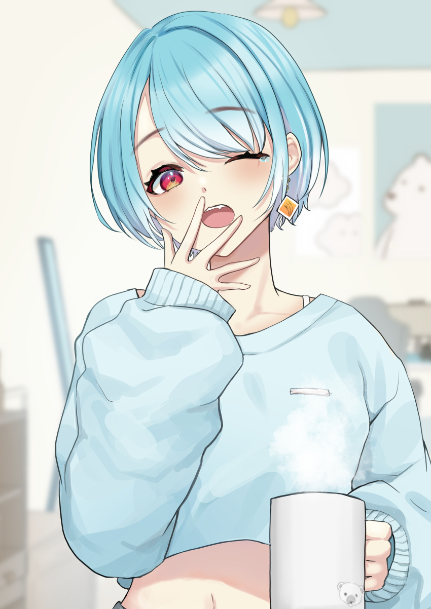 1girl, absurdres, blue_hair, blue_sweater, cropped_sweater, cup, earrings, gradient_hair