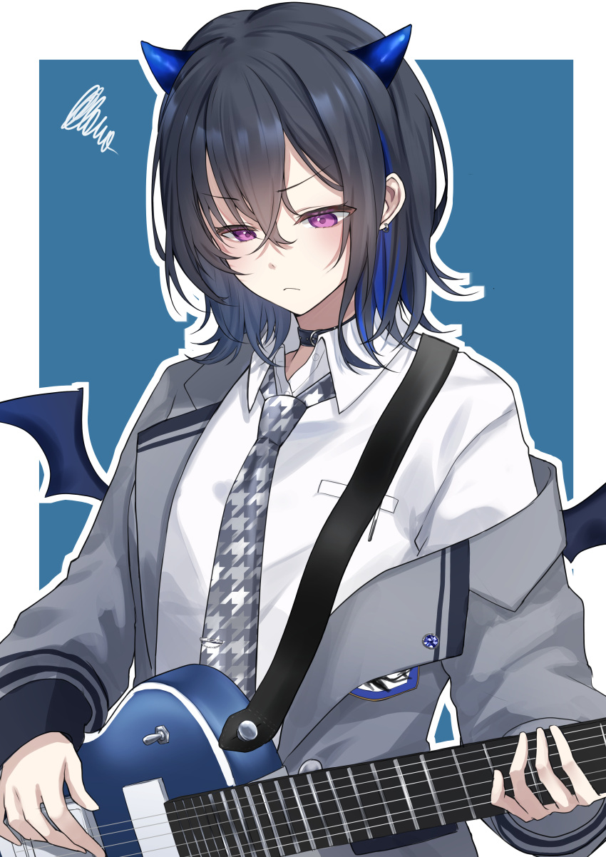 1girl, absurdres, bat_wings, black_choker, black_hair, blazer, blue_horns, border