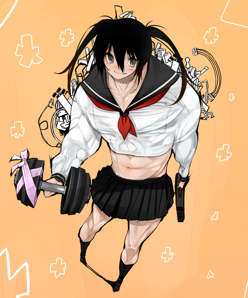 abs, akaume, bag, blue_eyes, copyright_request, dumbbell, dumbell, midriff, muscle, musclegirl, ribbon, school_bag, school_uniform, serafuku, solo, twintails, weightlifting, weights, what