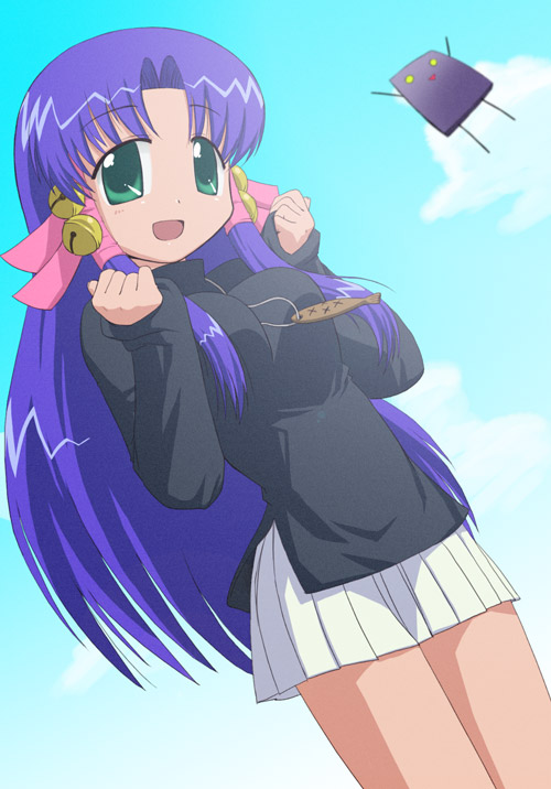 1girl, 2000s_(style), aoba_kozue, archived_source, bad_source, bell, black_sleeves, black_sweater, blue_background, blue_sky, blush, breasts, casual, clenched_hands, clouds, collared_sweater, cowboy_shot, curtained_hair, day, dot_nose, dutch_angle, fish_necklace, green_eyes, hair_bell, hair_intakes, hair_ornament, hair_tubes, jewelry, jingle_bell, kojima_akira_(character), legs_together, light_particles, long_hair, long_sidelocks, looking_at_viewer, mahoraba, medium_breasts, miniskirt, nagian, necklace, open_mouth, parted_bangs, pink_ribbon, pleated_skirt, purple_hair, ribbon, side_slit, sidelocks, simple_background, skirt, sky, sleeves_past_wrists, smile, straight_hair, sunlight, sweater, triangle_mouth, turtleneck, turtleneck_sweater, very_long_hair, very_long_sidelocks, white_skirt, wispy_bangs, yellow_eyes