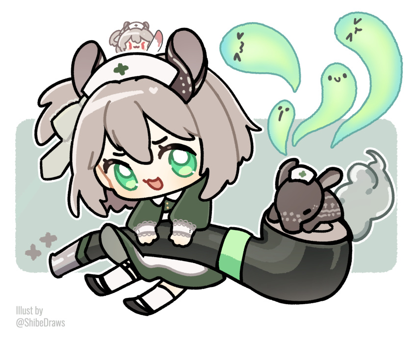 >_<, 1girl, :3, :d, animal_ears, black_shoes, brown_hair, chibi