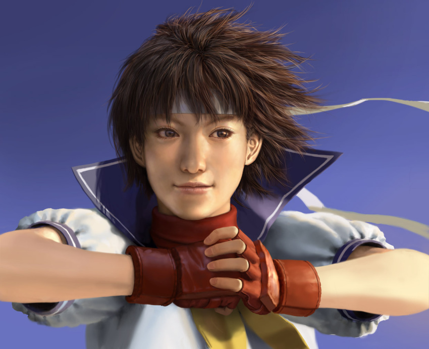 1girl, brown_hair, fingerless_gloves, gloves, headband, idnar, kasugano_sakura, realistic