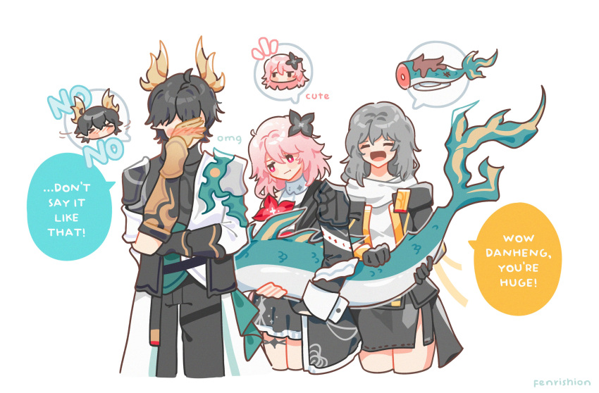 1boy, 2girls, absurdres, artist_name, black_coat, black_dress, black_gloves, black_hair