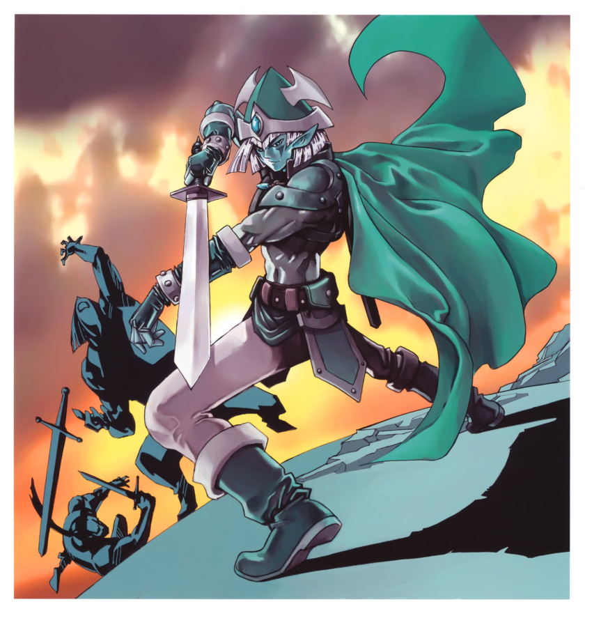 3boys, absurdres, aqua_skin, boots, border, cape, celtic_guardian, colored_skin