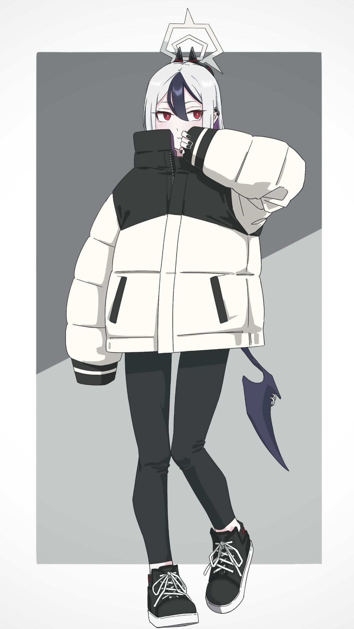 1girl, black_hair, black_nails, black_pants, blue_archive, coat, earrings, full_body