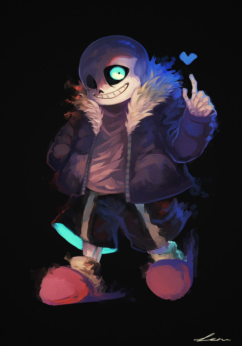 1boy, ankle_socks, black_background, black_jacket, black_shorts, blue_eyes, blue_soul_(undertale), commentary_request