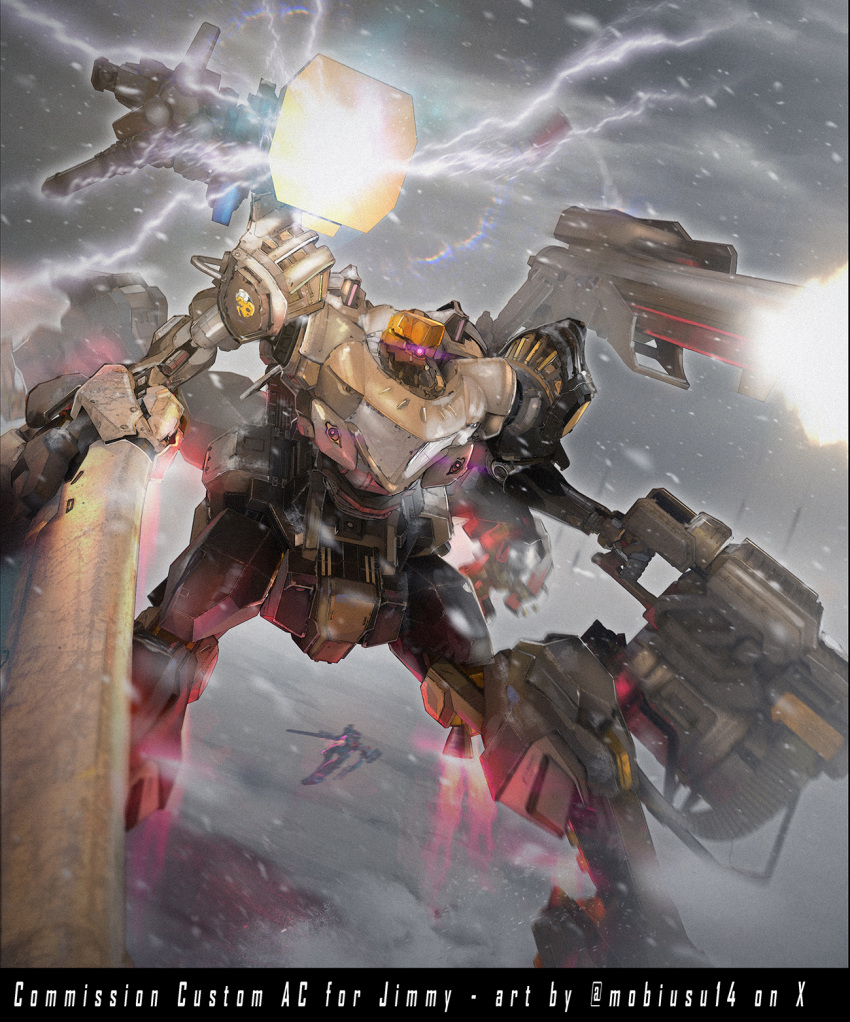 armored_core, armored_core_vi:_fires_of_rubicon, beam_cannon, energy_cannon, fromsoftware, gun, highres, holding, holding_weapon, mecha, mecha_focus, mobius_(mobiusu14), robot, science_fiction, thrusters, weapon