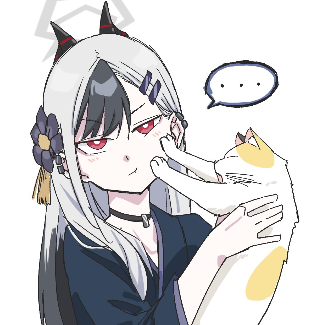 ..., 1girl, black_choker, black_hair, blue_archive, cat, choker, closed_mouth