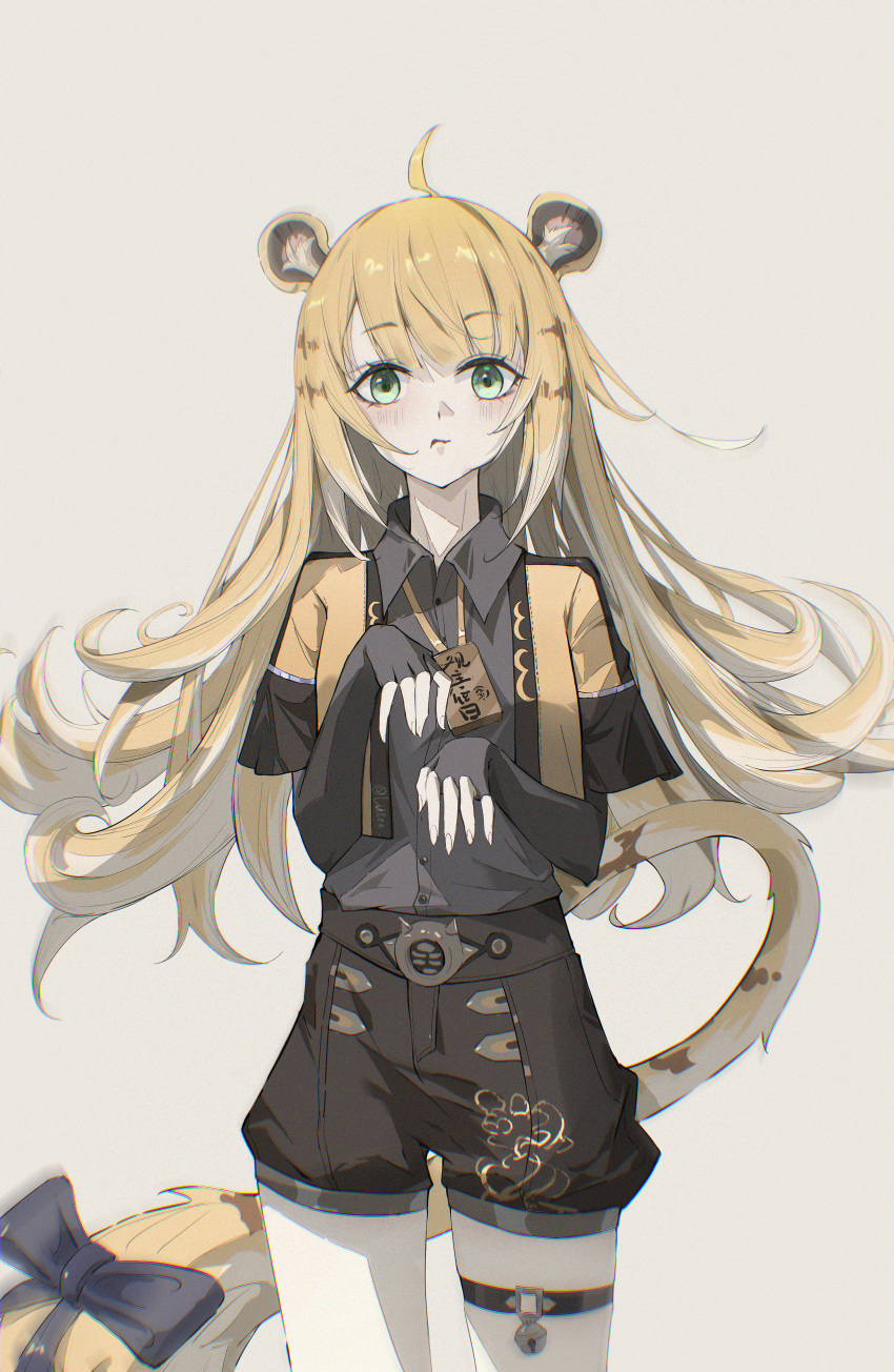 1girl, absurdres, ahoge, animal_ears, black_shirt, black_shorts, blonde_hair, blue_bow, bow, closed_mouth, collared_shirt, cropped_jacket, green_eyes, highres, jacket, ju_fufu, littee, long_hair, multicolored_hair, o-ring, o-ring_thigh_strap, shirt, shorts, solo, tail, tail_bow, tail_ornament, thigh_strap, tiger_ears, tiger_girl, tiger_stripes, tiger_tail, two-tone_hair, white_hair, yellow_jacket, zenless_zone_zero