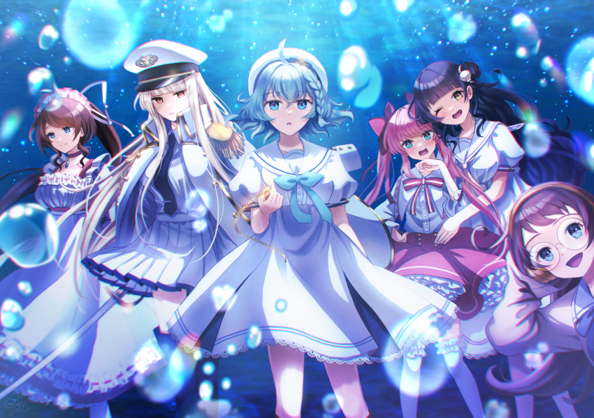 6+girls, ahoge, aquarium_wa_odoranai, blue_eyes, blue_hair, blush, bow, braid