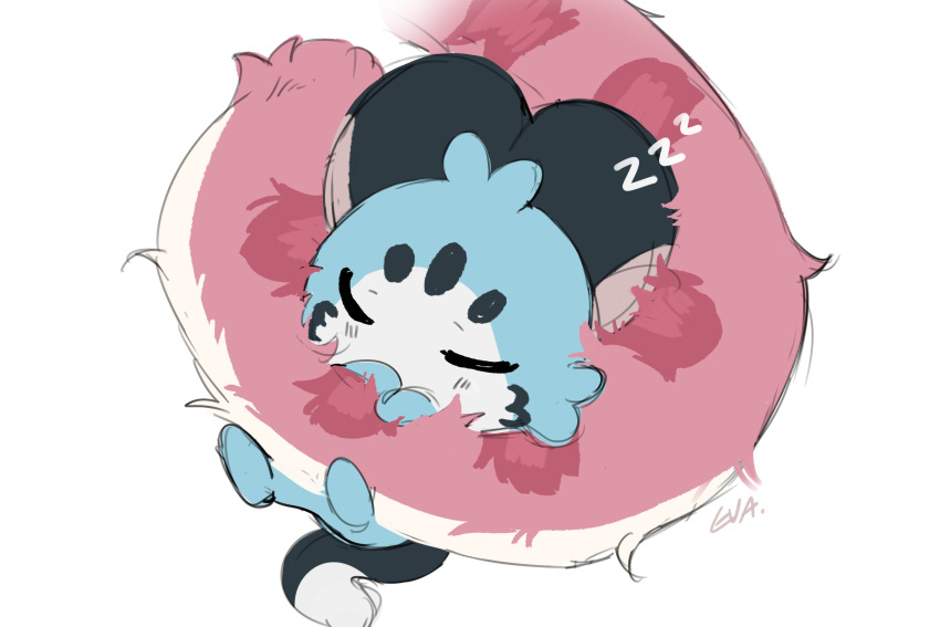 chattino_(raora_panthera), closed_eyes, commentary, ejusteva, highres, hololive, hololive_english, out_of_frame, panther_tail, raora_panthera, signature, simple_background, sleeping, symbol-only_commentary, tail, tail_wrap, white_background, zzz