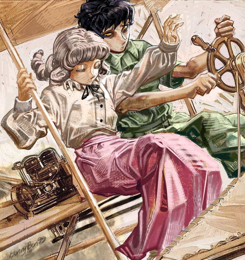 1boy, 1girl, aircraft, airplane, biplane, black_hair, black_ribbon, bon99bunny, brown_hair, closed_eyes, commentary, engine, english_commentary, fear_&amp;_hunger_(series), fear_&amp;_hunger_2:_termina, fine_art_parody, green_jumpsuit, highres, j._c._leyendecker_(style), jumpsuit, levi_(fear_&amp;_hunger), long_skirt, marina_(fear_&amp;_hunger), medium_hair, neck_ribbon, outstretched_arm, parody, pink_skirt, ribbon, ship's_wheel, shirt_tucked_in, short_hair, sitting, skirt