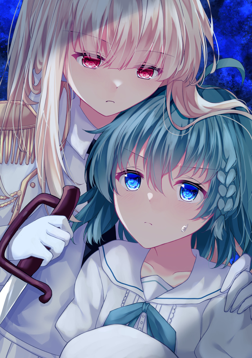 2girls, absurdres, ahoge, aquarium_wa_odoranai, blue_eyes, blue_hair, bow, braid