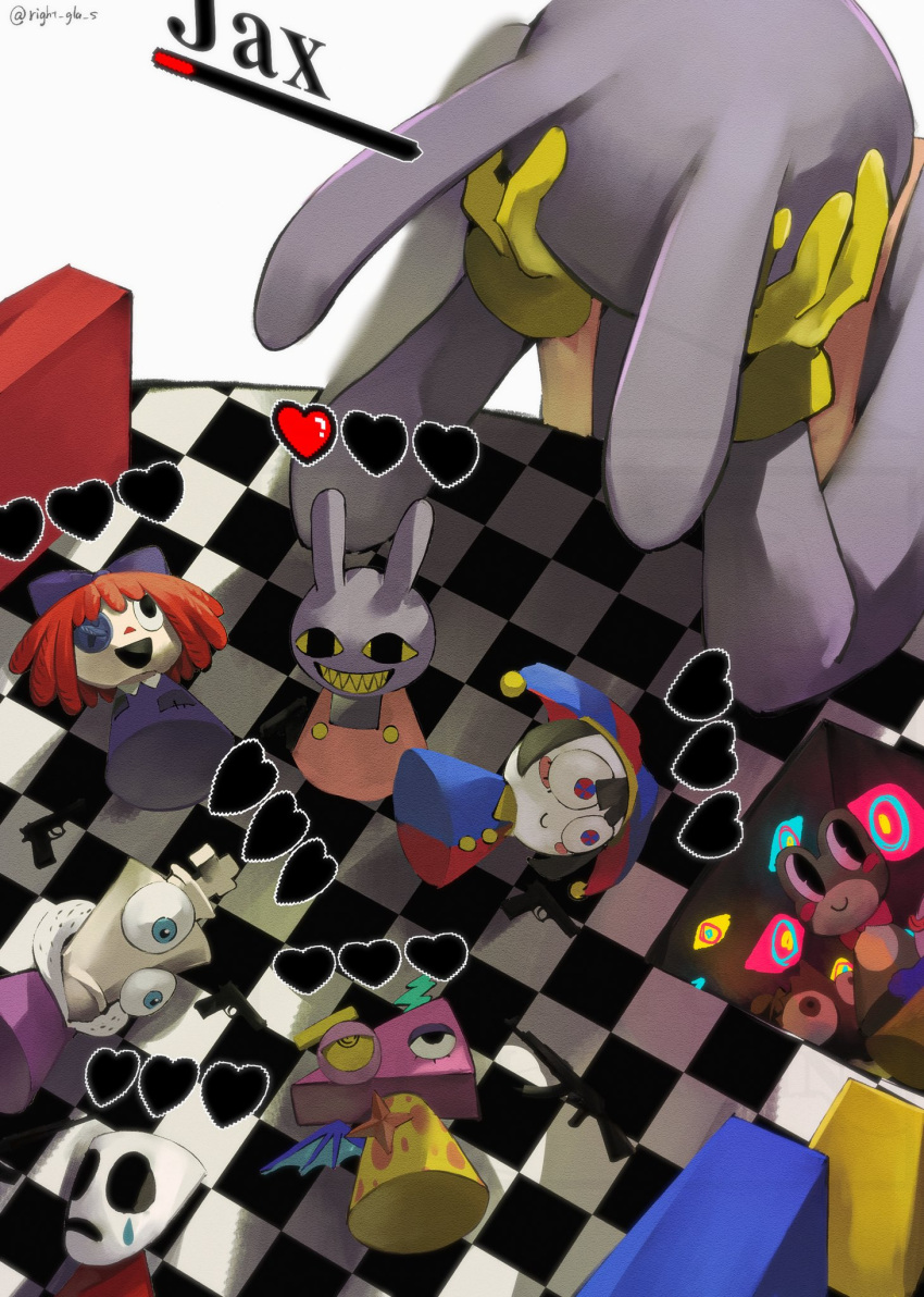 1other, 2boys, 4girls, :d, abstraction_(the_amazing_digital_circus), animal_ears, chess_piece, chessboard