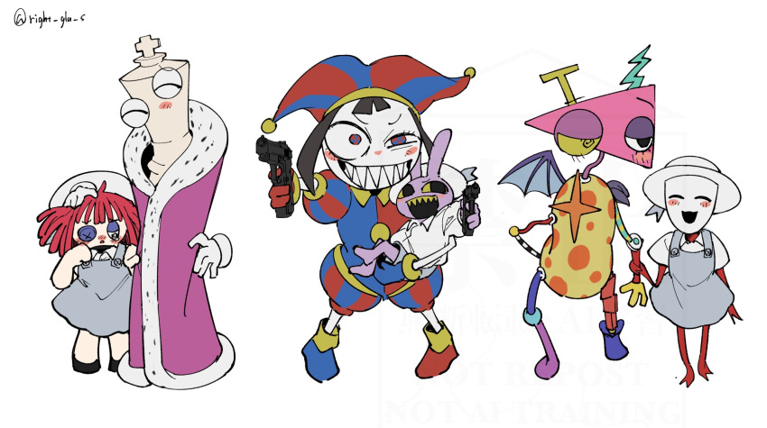 2boys, 4girls, :d, aged_down, animal_ears, artist_name, asymmetrical_arms, asymmetrical_ears