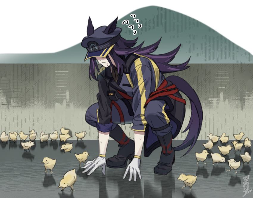 1girl, animal_ears, artist_name, baby_animal, bird, black_hair, blue_boots, blue_coat